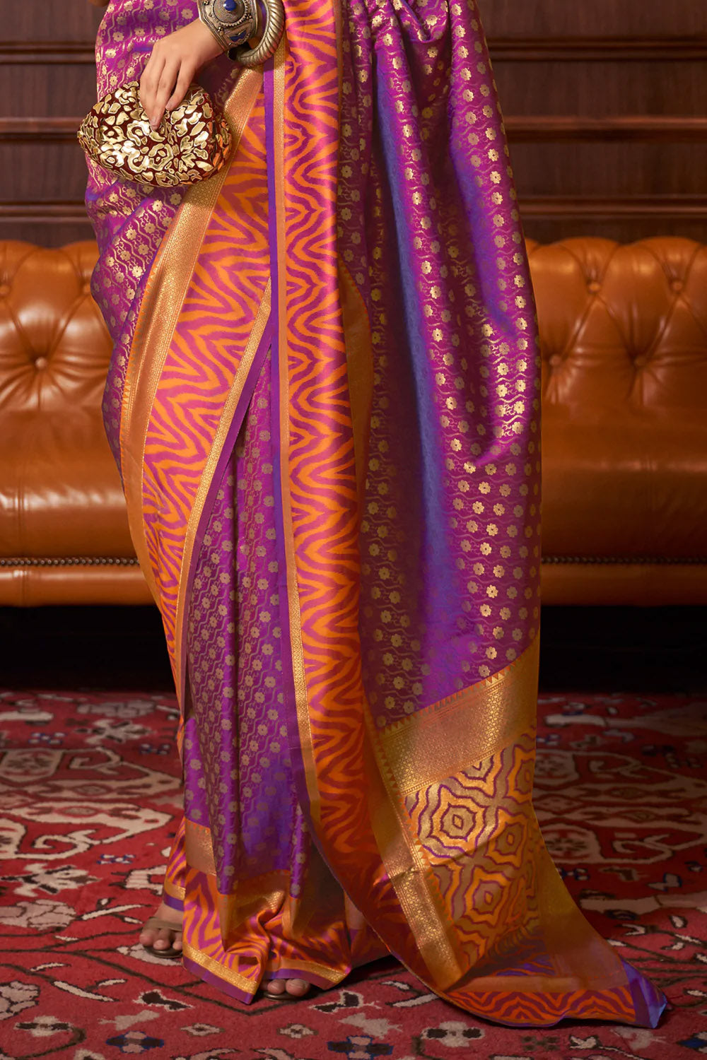 Vishal Prints Orange And Hot Pink Silk Weaving Saree With Zari Border